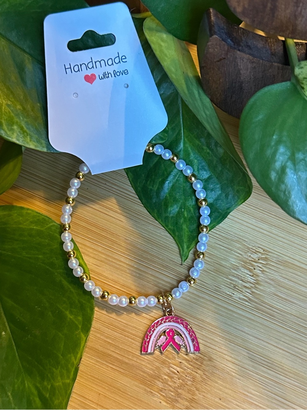 🎀 Breast Cancer Awareness Stretchy Beaded Bracelet | Handmade | Dangle Charm 🎀
